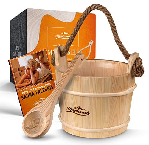 ALPENHAUCH Sauna Eimer mit Kelle [100% Naturholz] - Edler Saunakübel mit Kelle - Langlebiges Sauna Zubehör - Aufgusseimer Set
