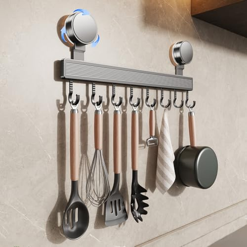 FERCOSEN Hakenleiste Küche ohne Bohren mit Saugnapf | 8 Haken, 40 cm lang, 20 kg Tragfähigkeit, 1-Minuten-Installation | Abnehmbare rostfreie hakenleiste für Küchenutensilien