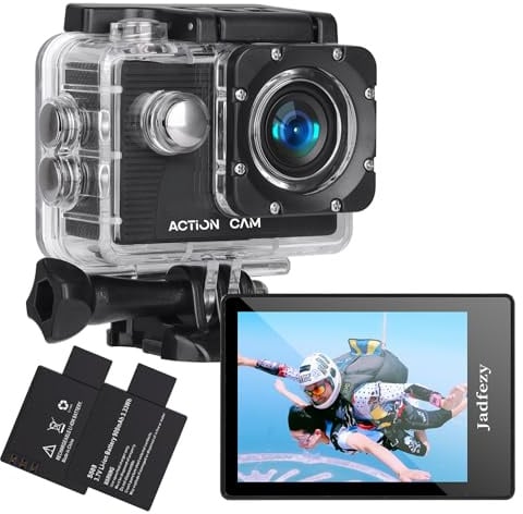 Jadfezy Action Cam FHD 1080P/12MP, Unterwasserkamera wasserdicht bis 30M, 140 Grad Weitwinkel Action Kamera mit Zwei 900 mAh wiederaufladbare Akkus und Zubehör-Set