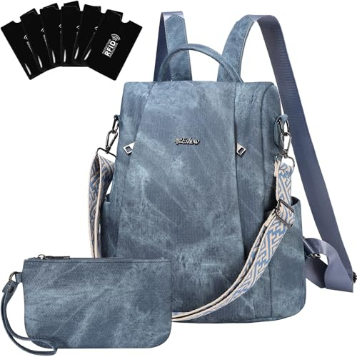 Eshow Rucksack Damen Klein, Anti-Diebstahl Elegant Cityrucksack, Wasserdichter Tagesrucksack Veganes Leder, Rucksacktasche mit Clutchbag RFID Blocker Modern für Pendeln Schule Arbeit Reise Blau