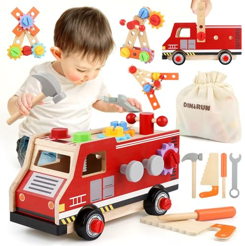 DINORUN Werkzeugkoffer Kinder, Kinderwerkzeug Holzspielzeug Montessori Spielzeug ab 2 3 4 Jahre Kinderspielzeug Werkzeugkasten Kinder Geschenk Junge Mädchen 2 3 4 Jahre (47 Stück)