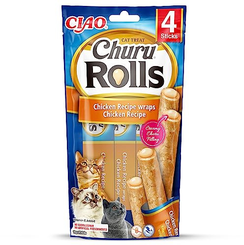 INABA Churu Rolls mit 60% Hühnerfleisch Katzen Leckerlies, Getreidefrei, Zuckerfrei, Perfekt zum Verstecken von Tablette, Keine Nebenerzeugnisse, Weiche und Saftige Kausnacks Kausticks Cat Treats 40g