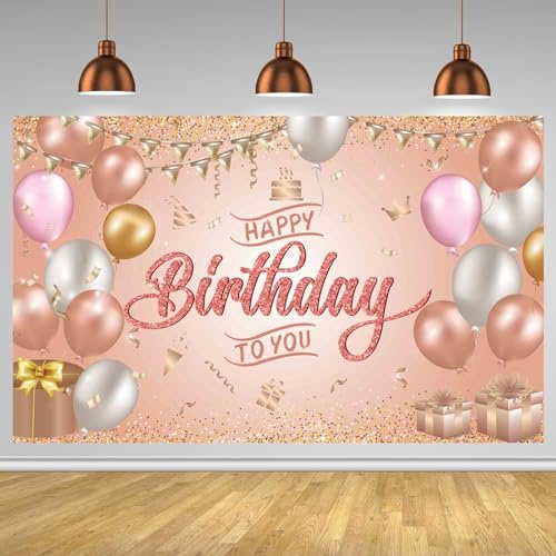 OSDUE Happy Birthday Banner, Geburtstag Dekoration Roségold, Banner Geburtstag, Happy Birthday Deko Frau, Foto Hintergrund Poster für Geburtstagsfeier Dekoration
