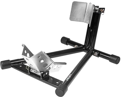 Parzini Vorderrad Montageständer Motorradwippe Transportständer 12-19 Zoll | Maße 50 x 65 x 35 cm, Gewicht 10 kg, Stahl, rutschfeste Gummifüße, Radklemme, Boden-Montage, Einsatz im Schuppen