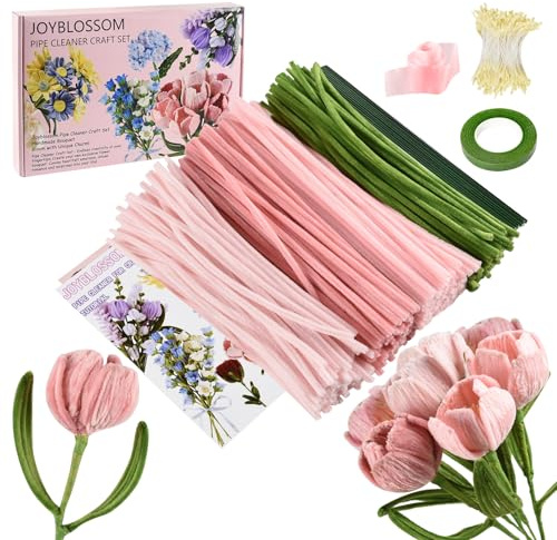 Joyblossom Pfeifenreiniger Blumen Set, 300 Stück Pfeifenputzer zum Basteln, Pfeifenreiniger zum Basteln, mit Blumendraht, Schleifenband, Blumen Staubblatt für Blumenstrauß DIY, Rosa
