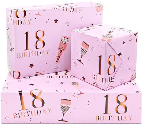 Geschenkpapierbögen zum 18. Geburtstag, 50 x 70 cm, Roségold und Rosa, Happy Birthday, Geschenkpapier für Mädchen, 5 Bögen