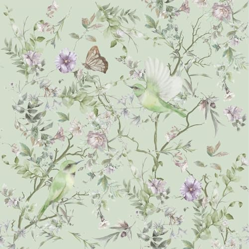 CHDITB Grün Pflanzen Blume Tapete,Aquarell Blätter Vögel Tapete,Schmetterlinge Blume Möbelfolie Selbstklebende(44x300cm) Pflanzen Grün Klebefolie Schlafzimmer Wohnzimmer