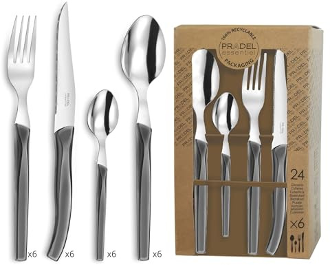Lou Laguiole RISING SUN Besteck Set 6 Personen | 24-teilig | Grau glänzend | Essbesteck 6 Personen spülmaschinenfest | 18/0 Edelstahl mit Mikroverzahnung | 6x Messer, Gabel, Löffel & Kaffeelöffel