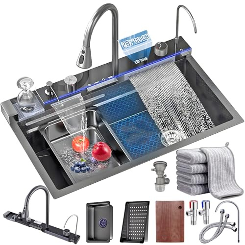 Schwarzes Küchenspüle 1 Multifunktion Waschbecken, Kitchen Sink Modern Edelstahl Küchenspüle Wasserfall mit Entwässerungskomponente, Schneidebrett, Seifenspender, Anleitung (Schwarz, 80x45x22cm)