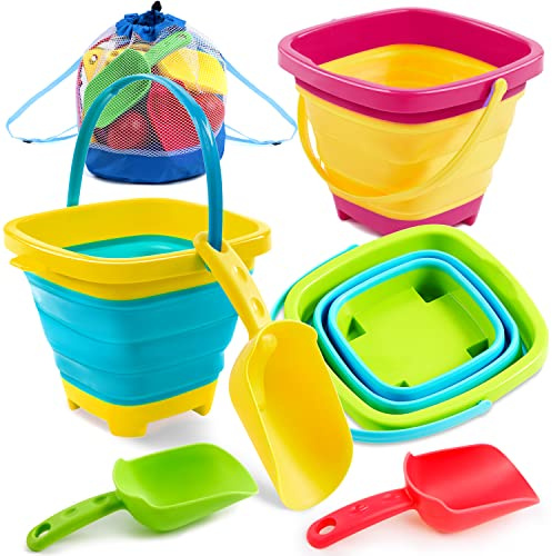 Sloosh 3 PCS Faltbares Eimer Kinder mit 3 Schaufeln Eimer Sandkasten Sommer Party Faltbare Eime Silikon Faltbare Sandspielzeug Eimer Kinder Strand Spielzeug 2.4L