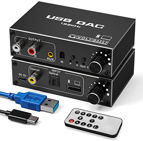 Tendak 192KHz USB DAC Digital zu Analog Audio Konverter, USB Optische SPDIF Koaxial zu Analog Stereo Cinch L/R 3,5mm Klinke Audio Adapter Wandler mit Lautstärkeregler, Bass Einstellung, Fernbedienung