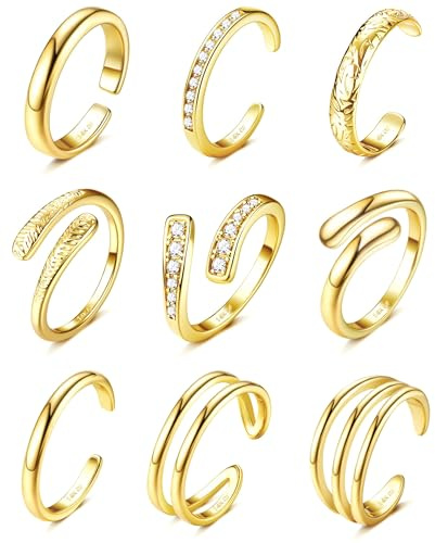 FIOROYAL 9 Stück Zehenring Set für Damen Mädchen Verstellbar 14K Vergoldet Zehenring Gold Silber CZ Triple Band Hug Offene Zehenringe Sommer Strand Fußschmuck G1