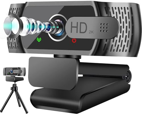 2K Full HD Webcam mit Mikrofon und Stativ, Automatischer Lichtkorrektur, USB PC Webcam mit Abdeckung,97° Weitwinkel, Dual Mikrofon,PC Kamera für Laptop, Computer, Linux, Mac
