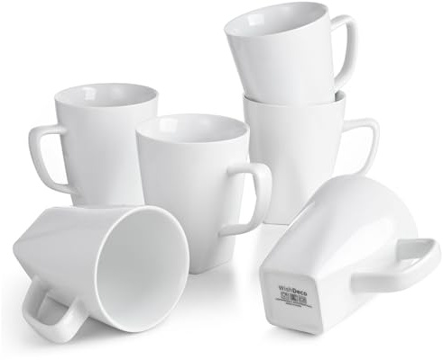 WishDeco Kaffeebecher 6er Set, Kaffeetassen Porzellan Weiß 400ml | Kaffee Tassen Groß mit Henkel, Tassen Set für Cappuccino Tee Milch Heißgetränke, Eckig Boden