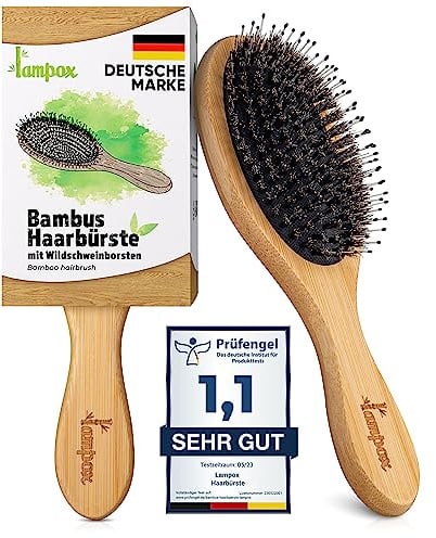 lampox - Bambus Haarbürste mit Wildschweinborsten Kopfmassage Haarpflege, Entwirrbürste für lange Haare & Locken von Damen, Herren & Kinder, Massagebürste für die Kopfhaut, Detangler (oval)