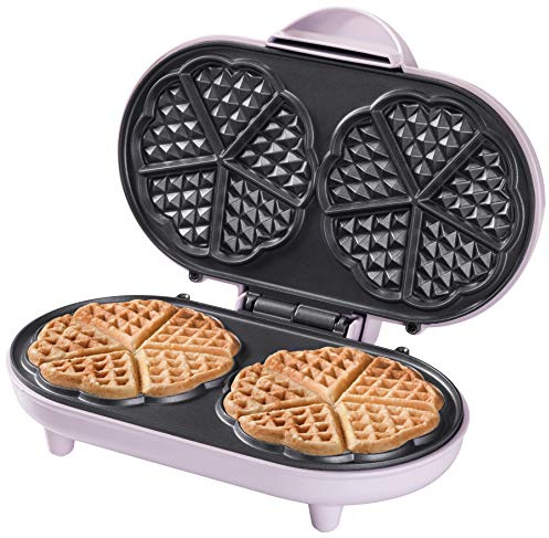 Bestron Doppel-Waffeleisen für klassische Herzwaffeln, Herzwaffeleisen mit Backampel & Antihaftbeschichtung, ideal für Kindergeburtstage, Ostern & Weihnachten, Farbe: Rosa