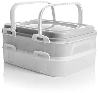 BigDean Partycontainer mit 2 Etagen und Hebeeinsatz in Pastell Grau | Kuchentransportbox ideal für Feierlichkeiten, für Backwaren, Snacks & Kuchen geeignet – lebensmittelecht & Made in Europa