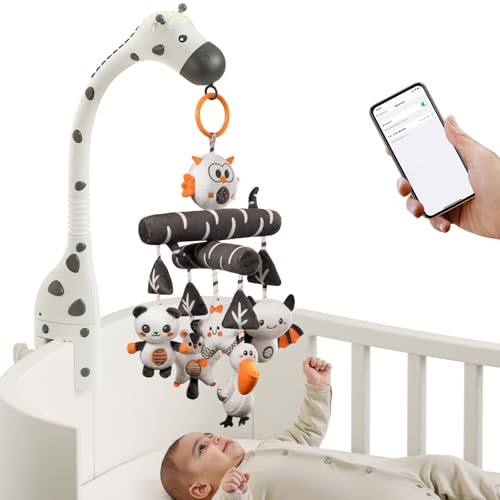 TUMAMA Babybett Mobile für Babys 0 3 6 12 Monate, kontrastreiches Babybett-Spielzeug mit Nachtlicht, Projektor, Musik und weißem Rauschen, schwarz-weißes Stofftier zum Aufhängen