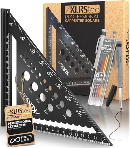 KLRStec Professional Zimmermannswinkel Set – Hochwertiges Tischlerwinkel Set inkl. Tieflochmarker [+Minen] Metall Messwinkel Werkzeug-Set