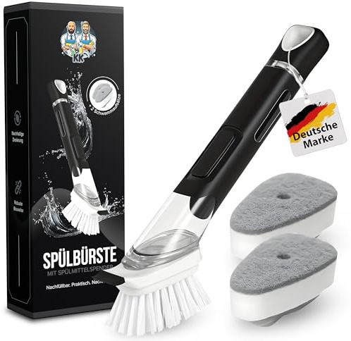 Spülbürste mit Spülmittelspender, Küchenbürste, Geschirrbürste, Abwaschbürste, mit Spülmittel befüllbar, Spülbürste schwarz, Set, Schwamm, Topf, Pfanne