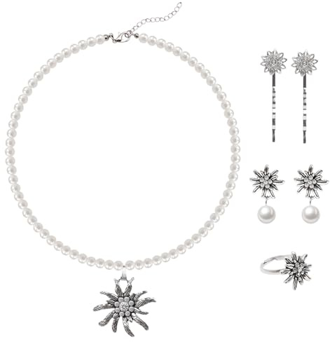 JJKOL 6 Stück Trachtenschmuck Set, Trachtenschmuck Damen Set, für Oktoberfest Damen Outfit Dirndl Schmuck, Oktoberfest Accessoires Oder, Edelweiß Halskette Ohrringe Ring Haarnadel