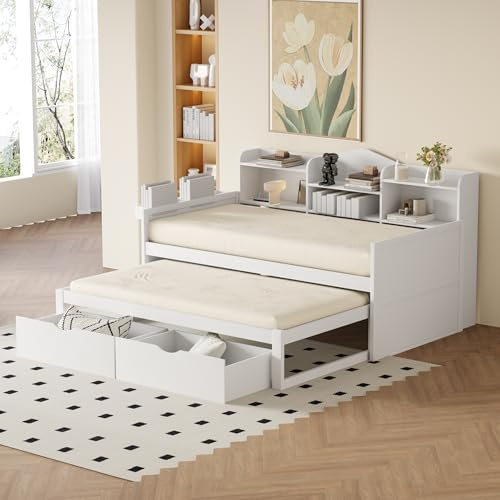EINHOM Schlafsofa 90 x 200 cm, Kinderbett mit Aufbewahrungsfächern, Ausziehbett mit Zwei Schubladen, integrierte USB-Anschlüsse im Bett, für Jugendliche & Gästebett, weiß (Ohne Matratze)