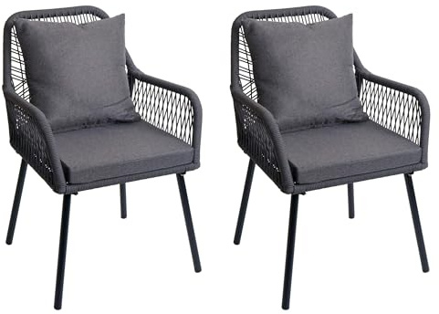 Mendler 2x Gartenstuhl HWC-O12 Rückenpolster - anthrazit, Bezug dunkelgrau | 2er-Set Stuhl, Outdoor, mit Sitz-/Rückenpolster, Seilgeflecht, Rope, Aluminium