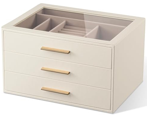 pickpiff Schmuckkästchen-Organizer: 3-stöckiges Schmuckkästchen mit Glasfenster, elfenbeinfarbenes Leder mit rosa Samt, Halterungen für Ringe, Halsketten, Armbänder und Uhren, tolles Geschenk für sie