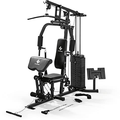 FitEngine Kraftstation | Multifunktions-Homegym für den ganzen Körper | Gewichte bis zu 67 kg einstellbar, mit Latzugstange, Beinpresse, Bizepscurl-Polster u.v.m. | Hochwertiges Stahlmaterial
