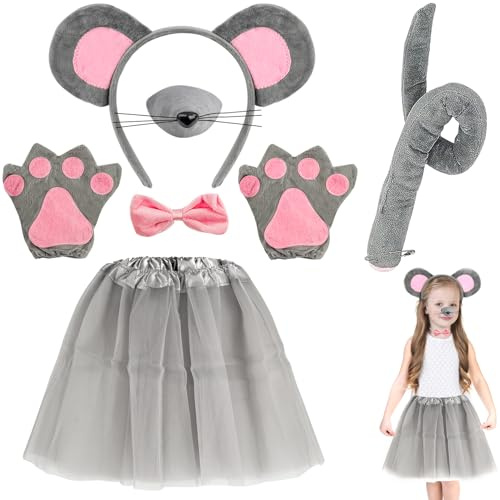 7 Stück Maus Tüllrock Kinder Kostüm Set, Verkleidung Kinder Tierkostüm | Mit Stirnband/Nase/Fliege/Schwanz/Handschuhe/Tutu Rock, Ausgefallenes Kostüm Zubehör, Für Kinder Cosplay, Karneval, Halloween