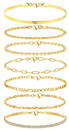 Adramata 7Pcs Ketten Armbander Gold Silber Edelstahl Armbänder Set Damen | 14 Karat Vergoldet Armkette,Twist Figaro Armbänder,Verstellbar Wasserfester Rosegold Gold Silber Armbander für Damen
