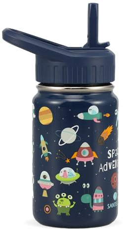 SANTECO Trinkflasche Kinder Edelstahl 350ml mit Strohhalm, Kinder Thermosflasche BPA-frei Wasserflasche Einfach zu Säubern, Thermoskanne Jungen Mädchen für Kindergarten Schule - Alien