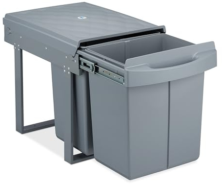 Relaxdays Einbaumülleimer 2-fach, ausziehbar, Duo Küchenmülleimer für Unterschrank, 2x 20 l, 41,3 x 34 x 51,8 cm, grau