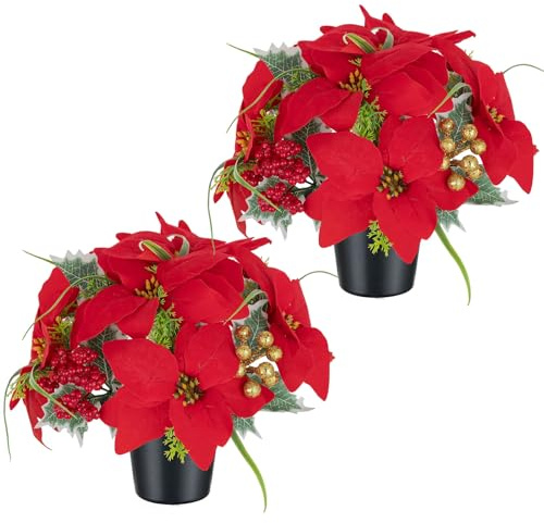 Memobloom Weihnachten Kunstblumen im Topf für Grabschmuck, 2 Stücke, Rote | Künstliche Weihnachtsstern mit Vase, Grabgestecke Künstlich Blumen für Grab Friedhof Deko, Grabdeko Weihnachtsdeko