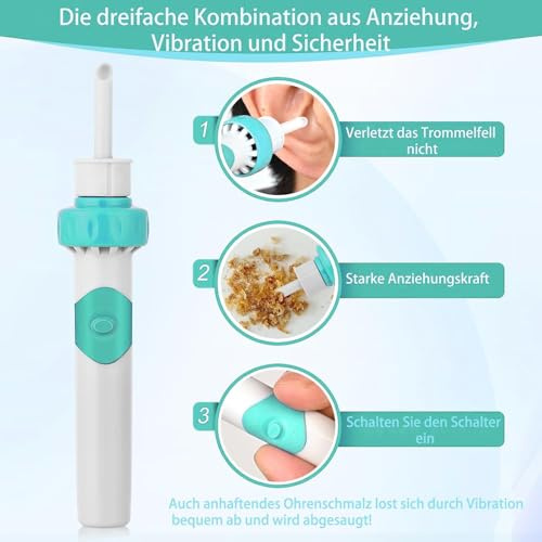 Ohrenschmalz Entferner Sauger, Oroclear Ohrenschmalz Ohrenreiniger,Elektrischer Ohrenschmalz Entferner mit Sauger und Waschbaren Ersatzköpfen,Zubehörset für Familien-Minzgrün