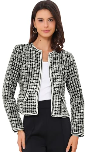 Allegra K Damen Langarm Kragenlos Kariert Vorne Offen Kurzer Arbeit Blazer Jacke Dunkel Blau