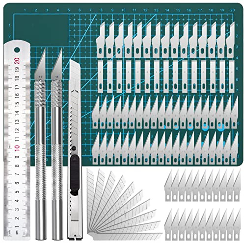 Bastel Messer Set Skalpell Carving Kit mit 2 Schnitzmesser 100 Skalpell Klingen, 1 A5 PVC Schneidebrett,1 Stahllineal, 1 Kleines Universalmesser für DIY Art Work (106 Stück)