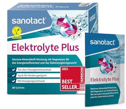 sanotact Elektrolyte Plus (20 Beutel) • Elektrolyt Pulver für Flüssigkeitshaushalt • Kalium & Magnesium für Elektrolytgleichgewicht • 100% Vegan • Recovery Drink • Mit Orangengeschmack