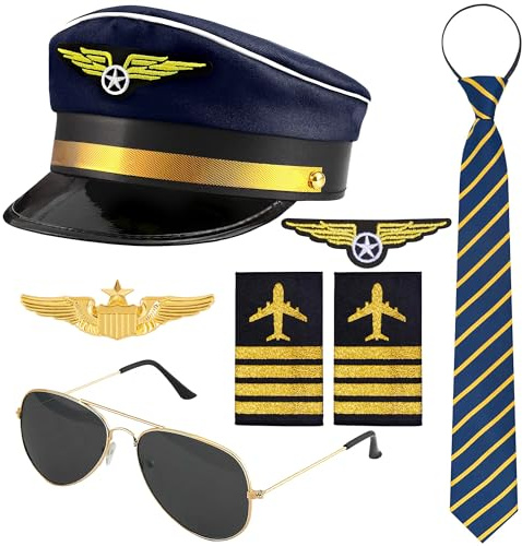 Horolam Pilot Kapitän Kostüm Zubehör, Pilot Kostüm Kit Mit Kapitän Hut Pin Krawatte Abzeichen Schulterriemen Sonnenbrille Für Erwachsene Männer Für Party Dress up (7 PCS) (Blue)
