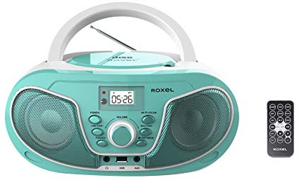 Roxel RCD-S70BT Tragbarer Boombox CD-Player mit Bluetooth, Fernbedienung, FM-Radio, USB-MP3-Wiedergabe, 3,5 mm AUX-Eingang, Kopfhöreranschluss, LED-Display (Blaugrün)