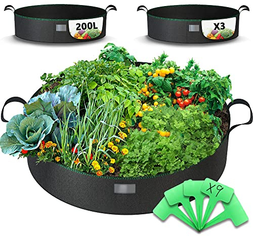 VOUNOT 3 Stück Hochbeet Pflanzsack 200L aus Vliesstoff, Pflanztasche mit Pflanzenschilder zum Beschriften, Pflanzbeutel für Gemüse und Pflanzen Schwarz