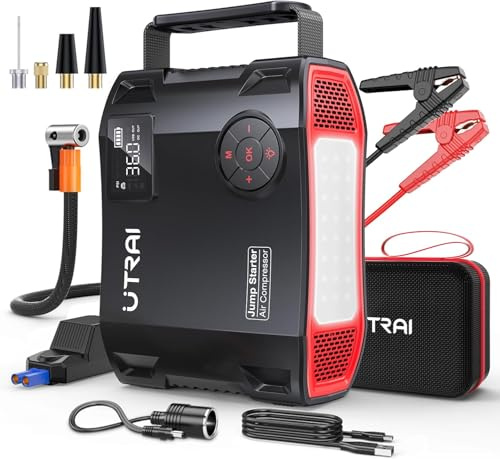 UTRAI 27000mAh Starthilfe Powerbank für Pkw, 7000A Booster Auto Starthilfe Powerbank mit Kompressor, 160W DC-Ausgang, 1600 Lumen LED Taschenlampe, Jump Starter für All Benzin, 12L Dieselmotor
