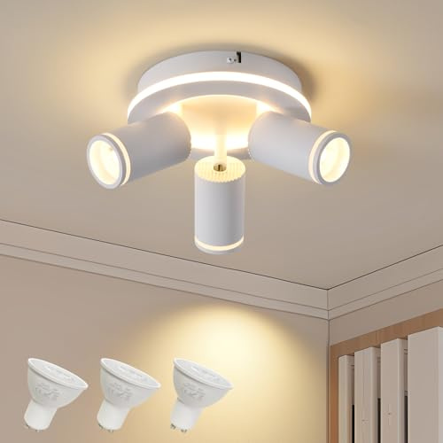 SANSHI Deckenleuchte 3 flammig LED,Schwenkbar 350° Rund Deckenstrahler,Weiß | Deckenlampe mit unteres Glühen 15W+3x5W GU10 Spots,Modern Deckenspot Strahler 3000K,Spotlight Lampe für Wohnzimmer,Küche