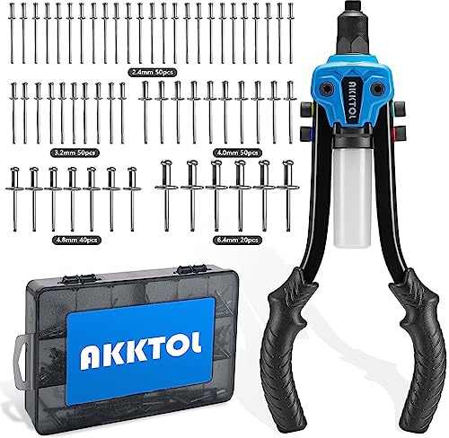 AKKTOL Nietenzange Nietzange Set inkl. 210 Nieten | Blindnietzange für 6,4mm-2,4mm Blindnieten | Popnietenzange Set-Profi Handnietzange geeignet für Edelstahl, Stahl & ALU-Nieten | schwere Ausführung