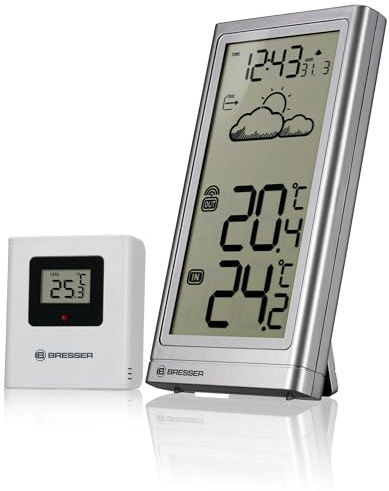 Bresser Wetterstation Funk mit Außensensor Meteo Temp, Thermometer mit Temperaturanzeige für Innen- und Außen, Wettervorhersage, mit ausklappbarem Standfuß und Wandhalterung, silber