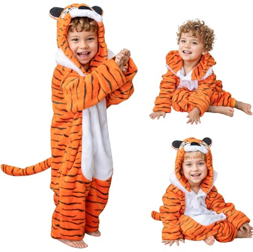 cuteDIY Tiger Kostüm Kinder Mädchen Jungen Karneval Tierkostüm, mit Reißverschluß für Toilettengang, mit Hosentaschen