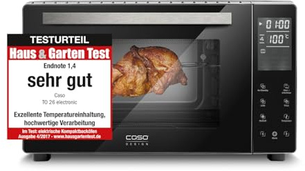 CASO TO 26 Electronic Mini-Backofen, 1500 W, 26 L Garraum, Umluft, Ober-/Unterhitze, Drehspieß, 9 Automatikprogramme, Sensor-Touch, Antihaftbeschichtung, Pizzastein & Grillrost, Cool-Touch Gehäuse