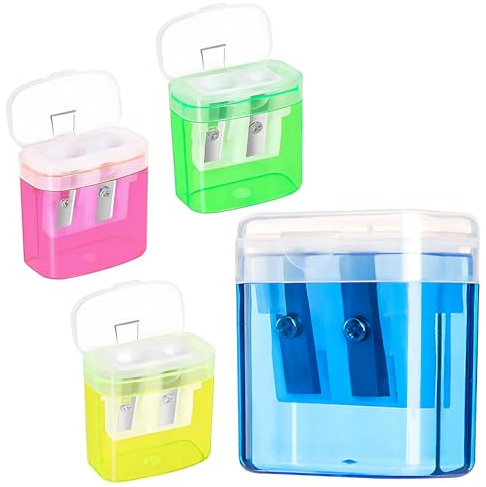 LABUYI 4Pcs Anspitzer mit Behälter, Doppelanspitzer mit Behälter, Doppelloch-Bleistiftspitzer, für Dicke, Dünne Stifte, 4 Farben