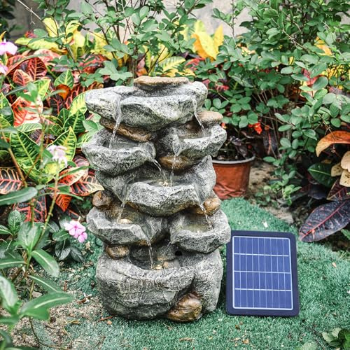 Warmiehomy Solar Springbrunnen Kaskaden-Zimmerbrunnen Wasserfall mit LED-Licht, Solarbrunnen für Draussen, Solar Gartenbrunnen für Außen, Wasserspiel für Garten Balkon