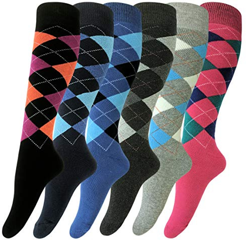 Sockenhimmel Thermo Reit- oder Ski- Strümpfe 6er Pack warme Winter Kniestrümpfe Karomuster Innenfrottee Damen 35-38, 39-42 Kniehoch 6 Stück Hellblau, Dunkelblau, Dunkelgrau, Schwarz, Pink